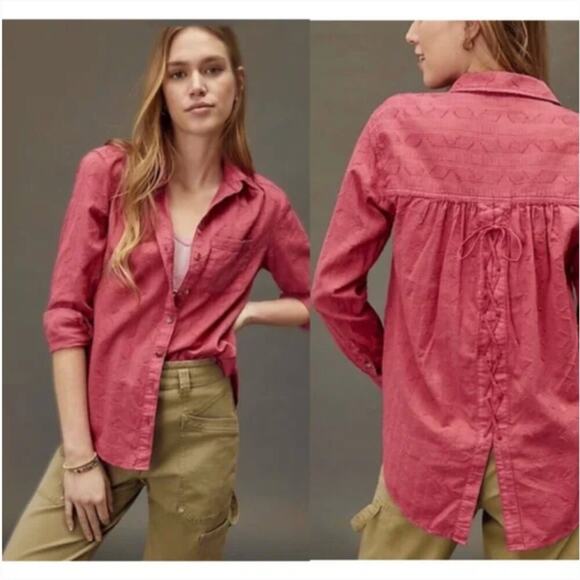 Anthropologie Pilcro The Theresa Dark Pink Lace-Up Button Down Top - Picture 1 of 8